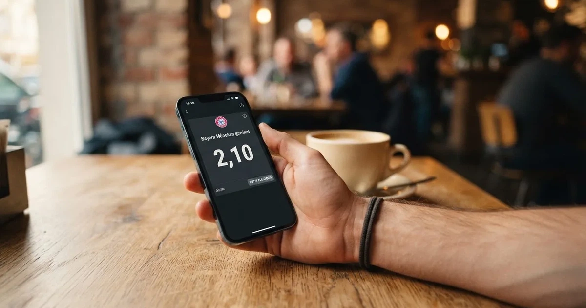 Eine Hand hält ein Smartphone mit dunklem Display, im Hintergrund unscharf ein Café-Tisch mit einer Tasse.