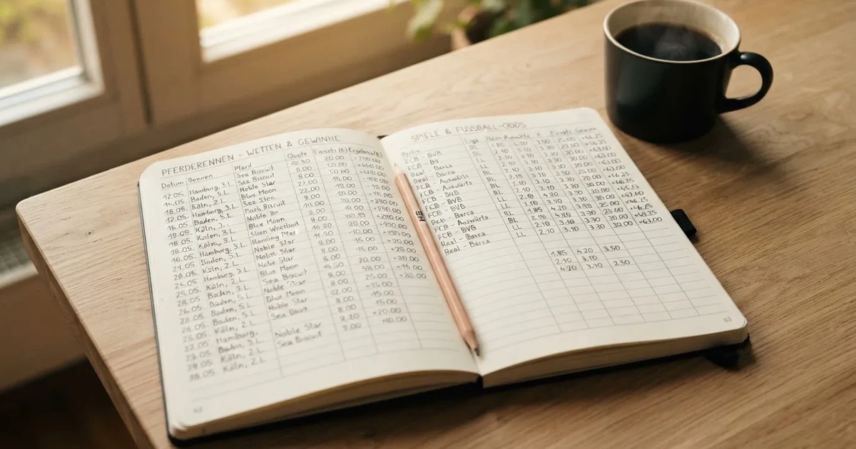 Handschriftliche Zahlenkolonnen in einem Notizbuch, daneben ein Bleistift und eine Tasse Kaffee auf hellem Holz.