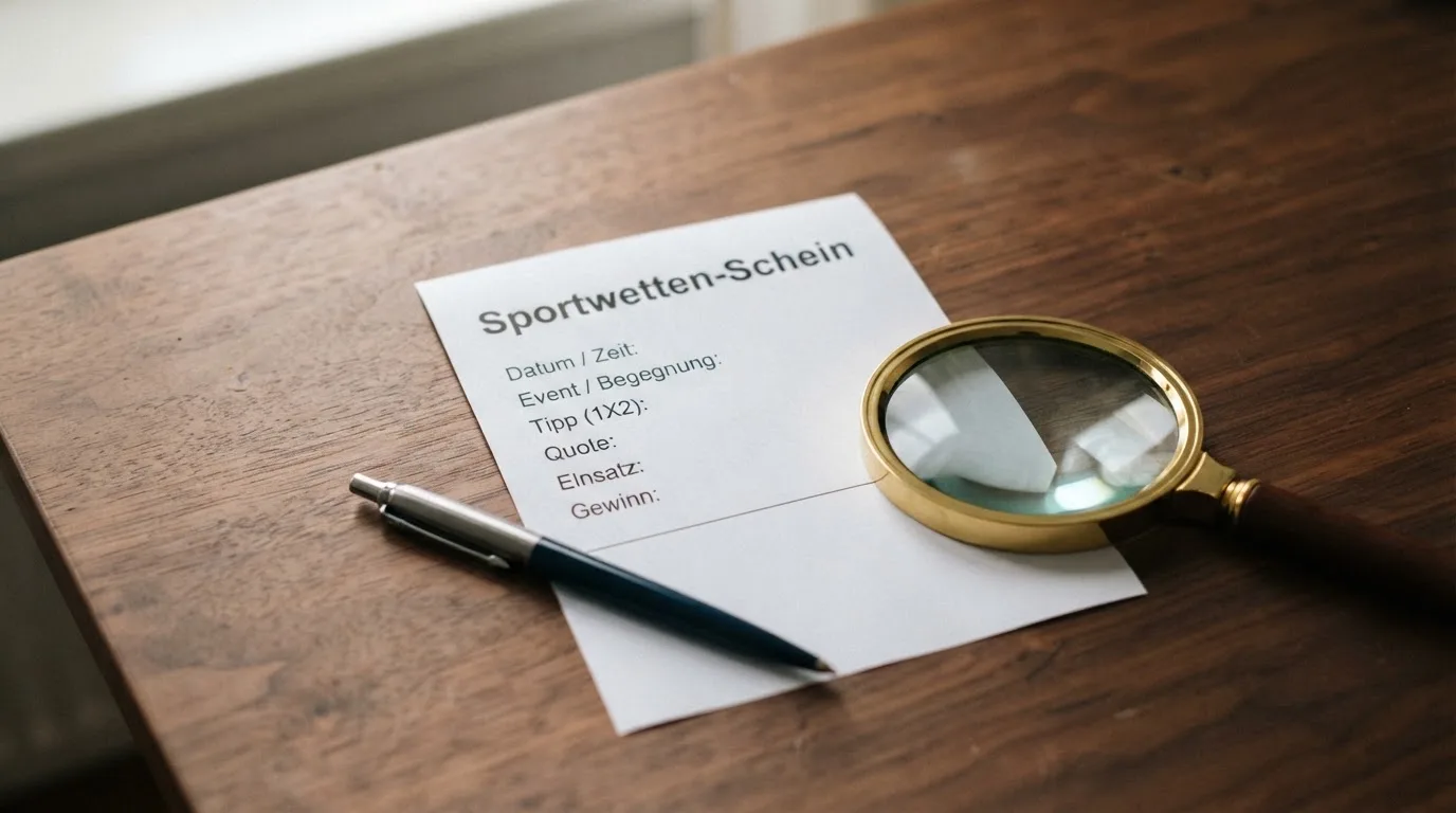 Ein leerer Wettschein aus Papier und ein Kugelschreiber liegen auf einem Schreibtisch neben einer Lupe.