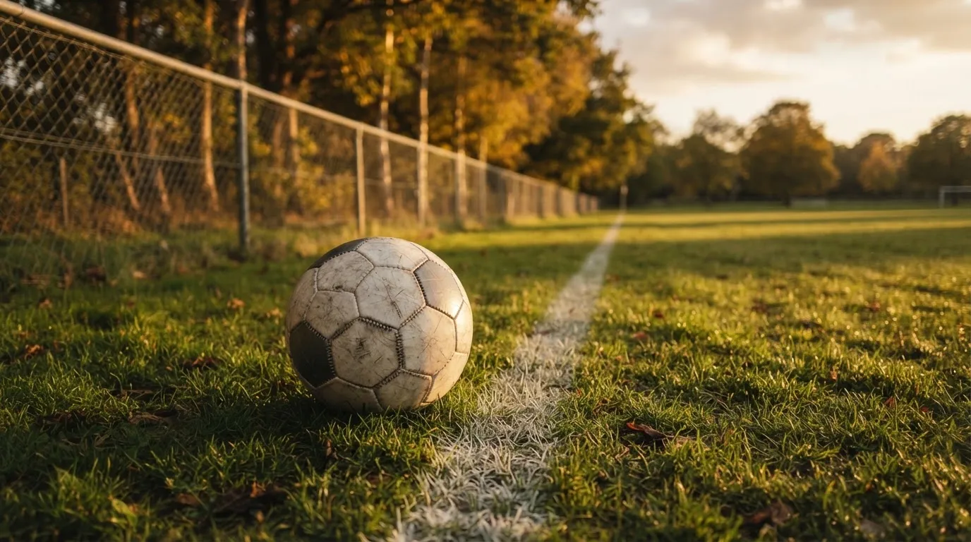 Ein Fußball liegt am Rand eines Rasens neben einer weißen Linie, im Hintergrund ein Zaun in der Abendsonne.