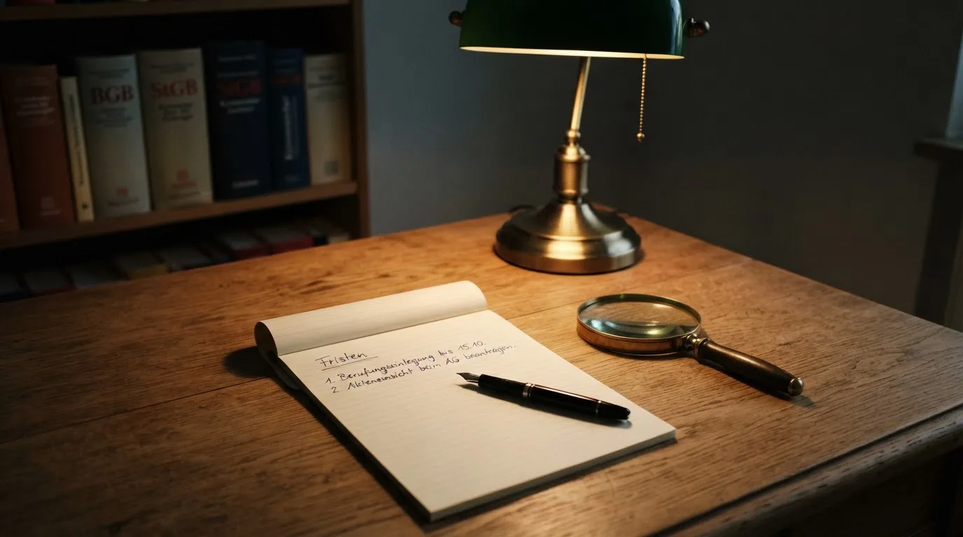 Ein Schreibtisch mit Lupe, Kugelschreiber und einem leeren Notizblock unter einer Lampe in einem ruhigen Raum.