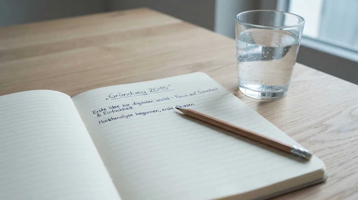 Ein Notizbuch und ein Bleistift liegen neben einem Glas Wasser auf einem hellen Tisch.