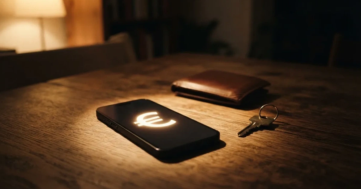 Ein Smartphone mit dunklem Display liegt neben einer Geldbörse und einem Schlüssel auf einem Tisch.