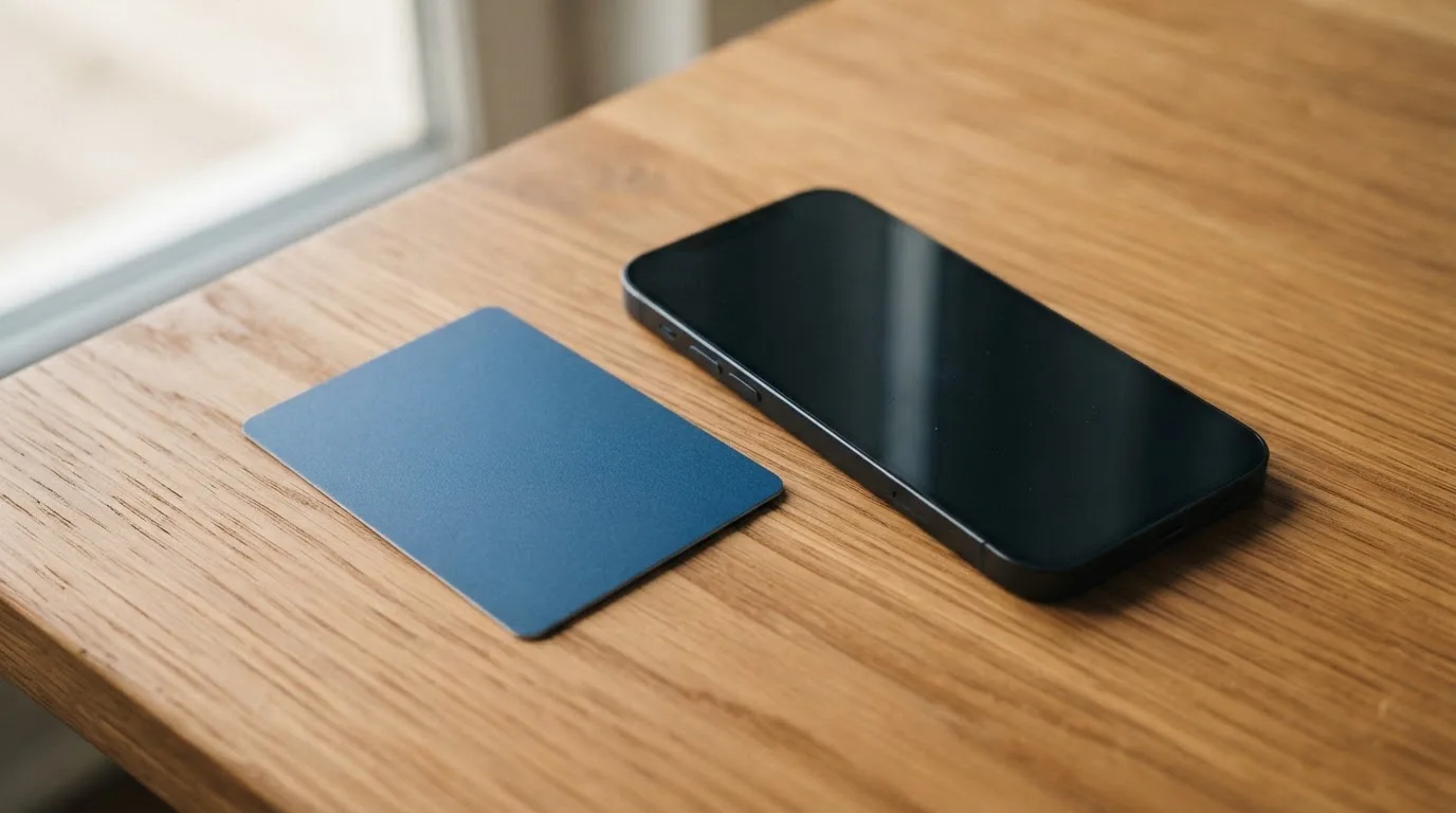 Eine Bankkarte ohne Aufdruck liegt neben einem Smartphone mit dunklem Display auf einem Holztisch.