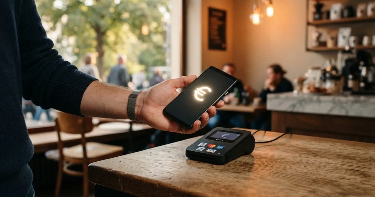 Eine Hand hält ein Smartphone dicht an ein Kartenlesegerät ohne erkennbare Beschriftung in einem Café.