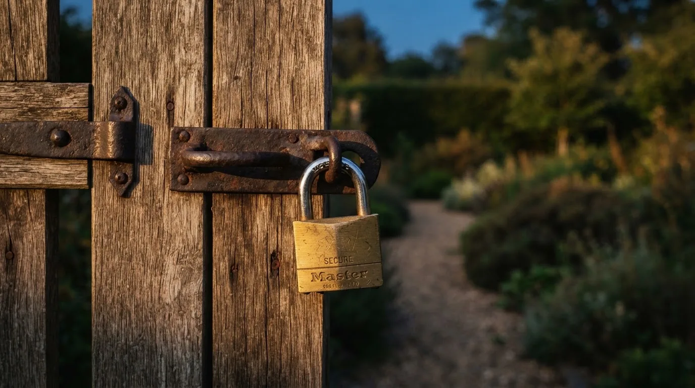 Ein Vorhängeschloss hängt an einem Gartentor im Abendlicht, dahinter ein unscharfer Weg.