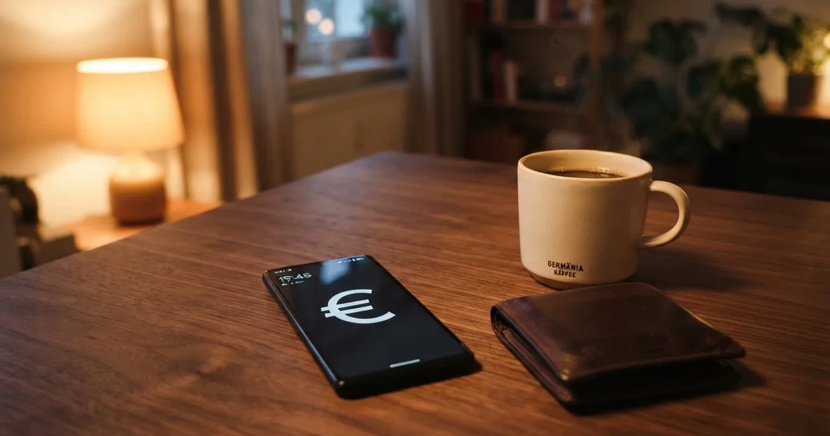 Ein Smartphone mit dunklem Display liegt auf einem Tisch neben einer Geldbörse und einer Tasse Kaffee.