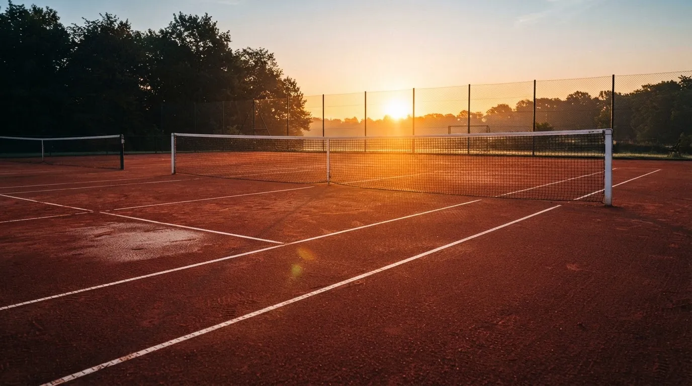 Ein Tennisplatz aus Sand bei Sonnenaufgang, das Netz im Gegenlicht, kein Mensch zu sehen.