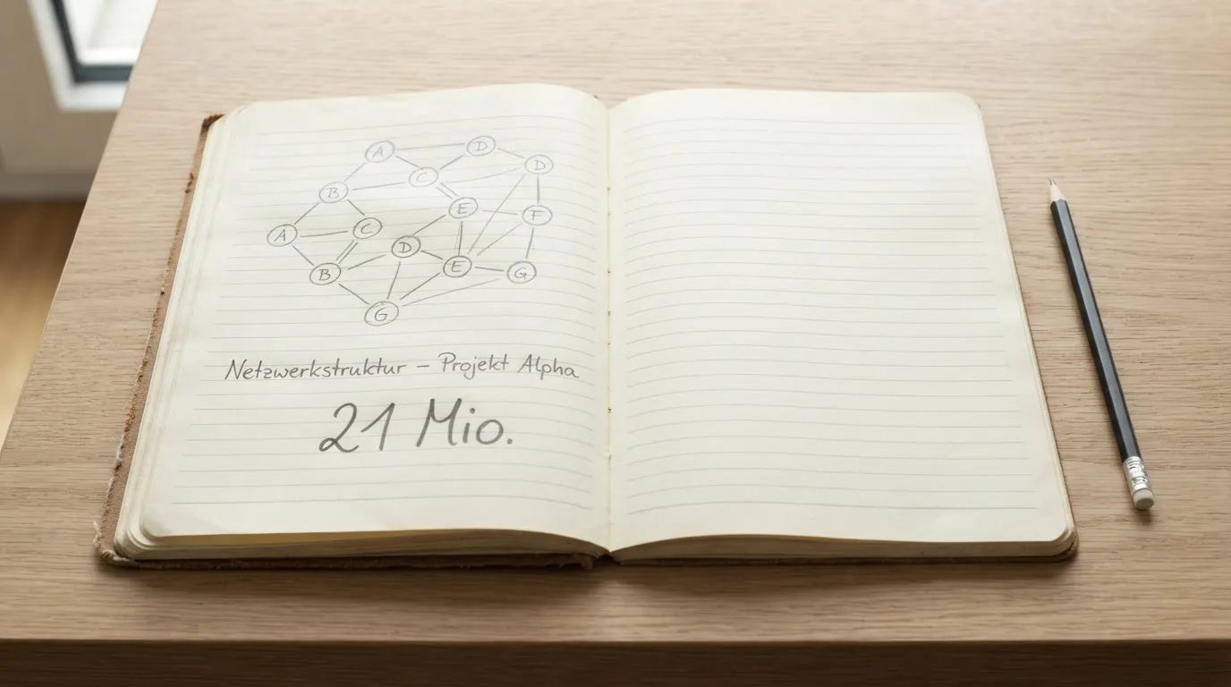 Ein Notizbuch mit handgezeichneten Knoten und Linien liegt neben einem Bleistift auf einem Schreibtisch.