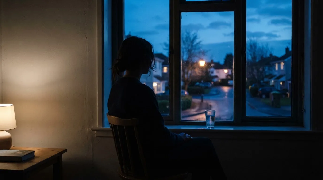 Die Silhouette einer Person sitzt am Abend am Fenster und blickt auf eine Straße, auf dem Fensterbrett steht ein Glas Wasser.