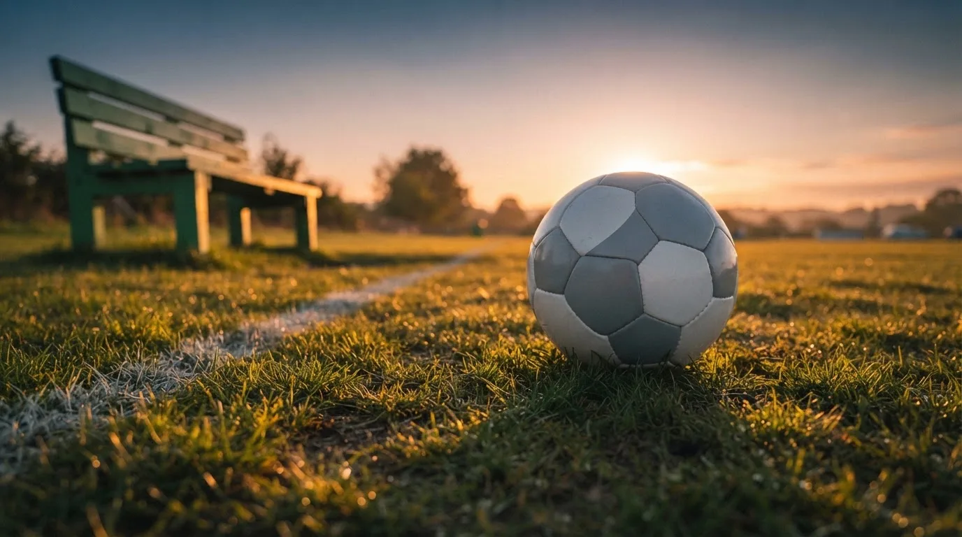 Ein Fußball auf einem Rasenplatz im Gegenlicht der tiefstehenden Sonne, am Spielfeldrand eine leere Ersatzbank.