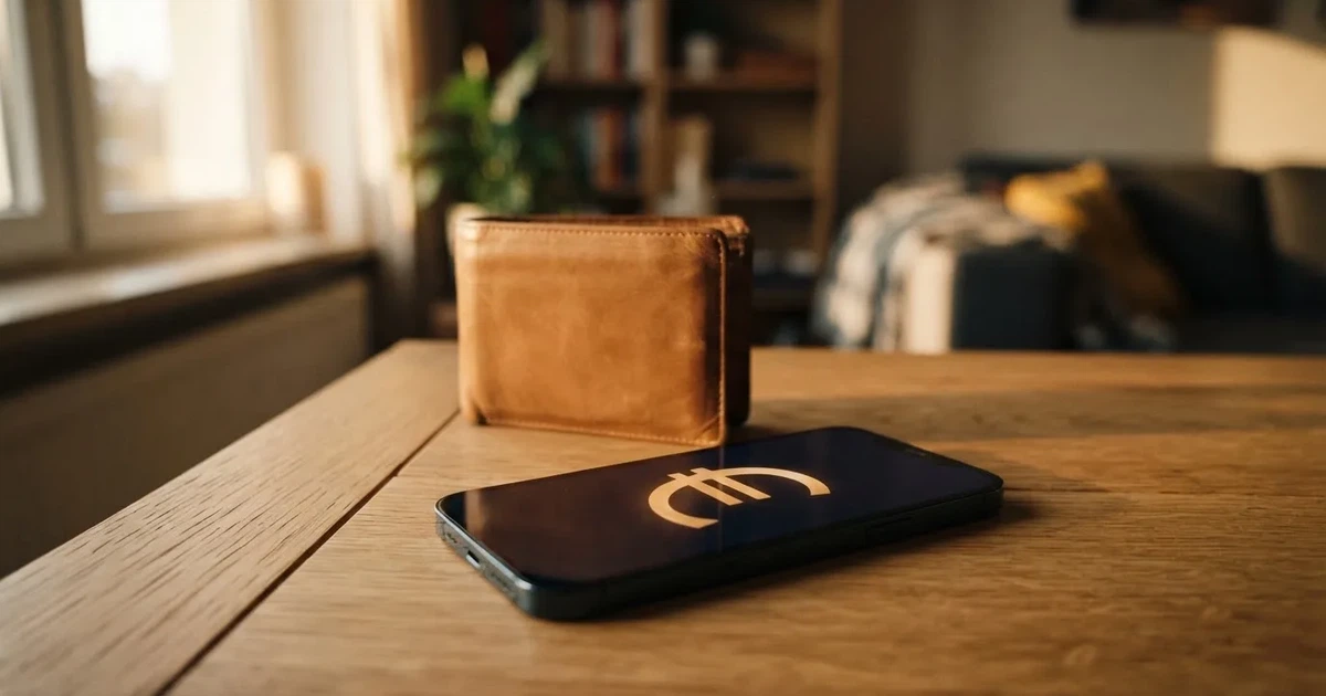 Ein Smartphone mit dunklem Bildschirm liegt neben einer Geldbörse und wenigen Münzen auf einem Holztisch im weichen Fensterlicht.