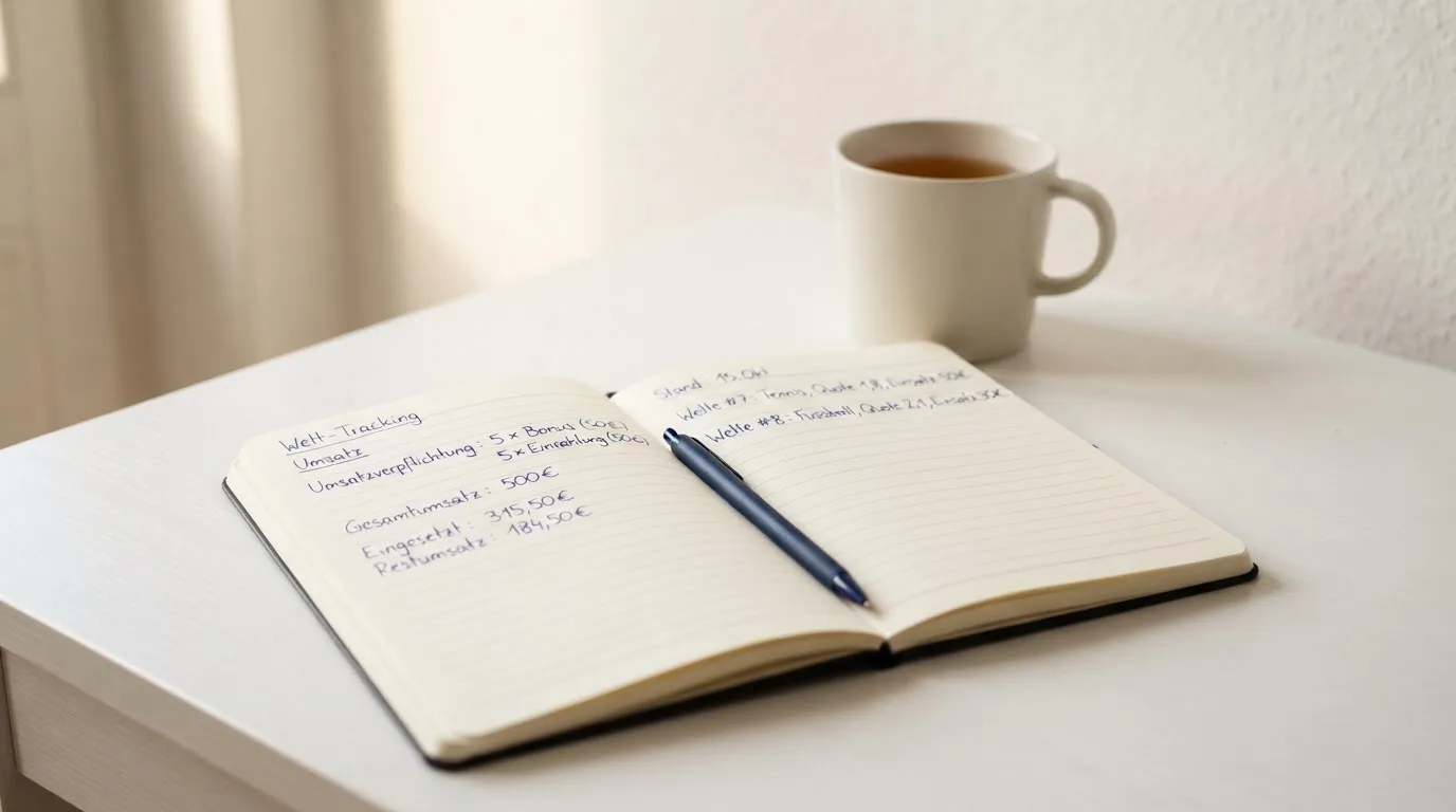 Ein Notizbuch mit handgeschriebenen Rechnungen und ein Taschenrechner auf einem hellen Schreibtisch neben einer Tasse Tee.
