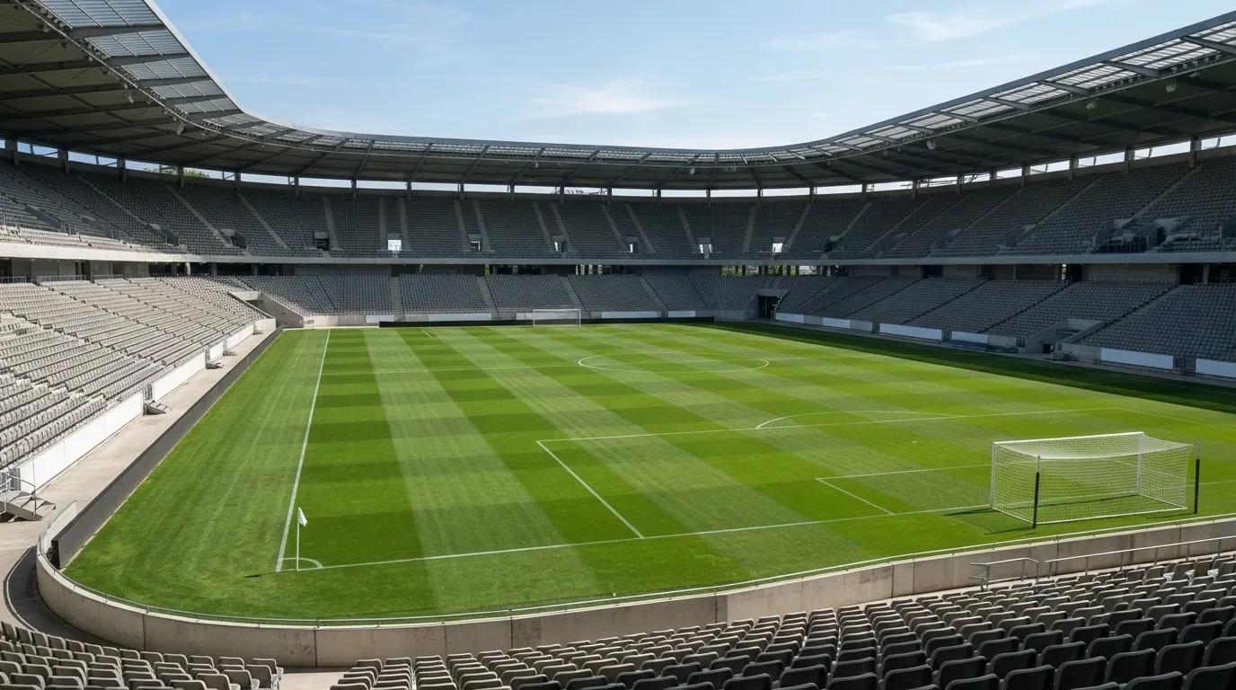 Ein leeres Fußballstadion bei Tageslicht von der Tribüne aus gesehen, der Rasen zeigt gleichmäßige Mähstreifen.