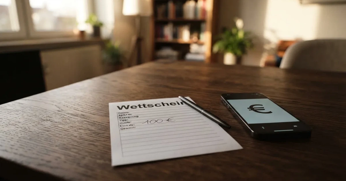 Ein leerer Papier-Wettschein und ein Kugelschreiber liegen auf einem Tisch, daneben ein kleiner Stapel Münzen.