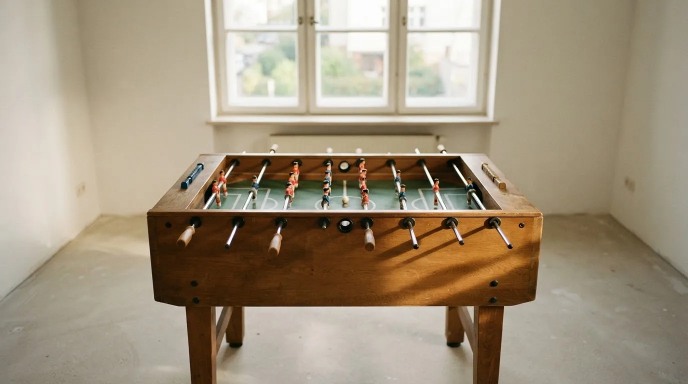 Ein Tischkicker in einem leeren Raum, die Spielfiguren in Reihe, Tageslicht fällt durch ein großes Fenster.