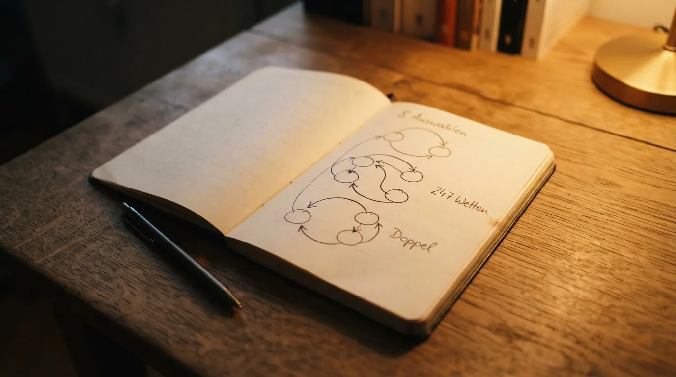 Ein Notizbuch mit handgezeichneten Pfeilen und Kreisen liegt neben einem Kugelschreiber auf einem Schreibtisch im Abendlicht.