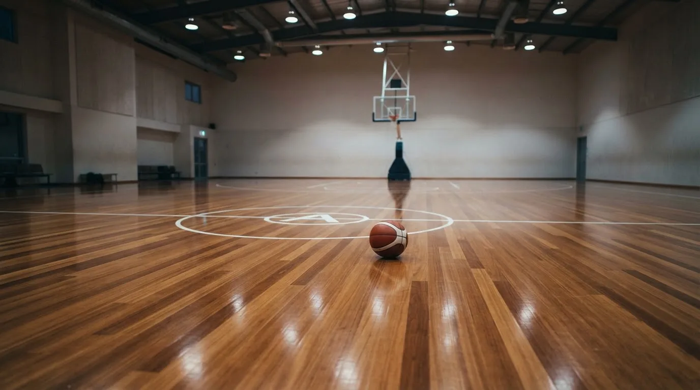 Ein Basketballfeld in einer leeren Halle, das Parkett spiegelt das Licht der Deckenlampen.
