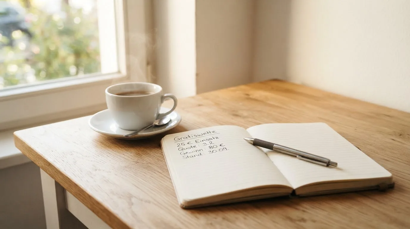 Eine Tasse Kaffee, ein Kugelschreiber und ein aufgeschlagenes leeres Notizbuch auf einem Küchentisch am Fenster.