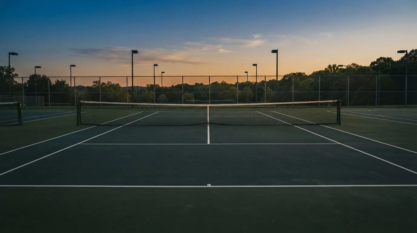 Ein Tennisplatz in der Dämmerung, Netz und Linien im Zwielicht, ohne Menschen und mit ruhigem Himmel.