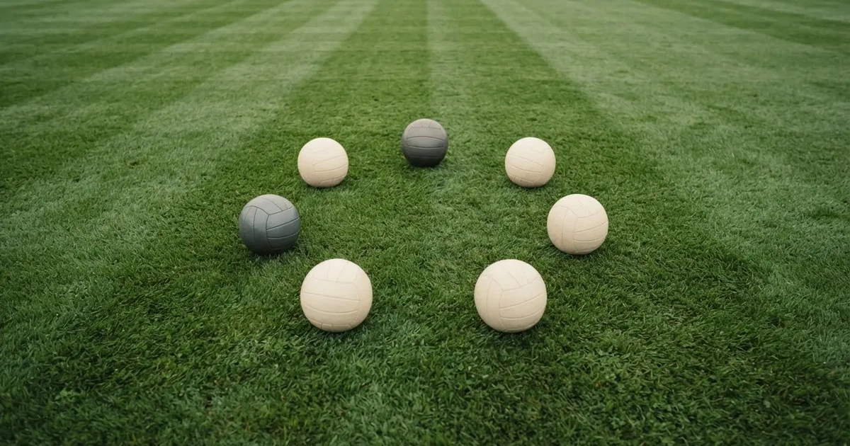 Sechs Fußbälle in einem Kreis auf einem gepflegten Rasen, von oben aufgenommen, gleichmäßiges Tageslicht.
