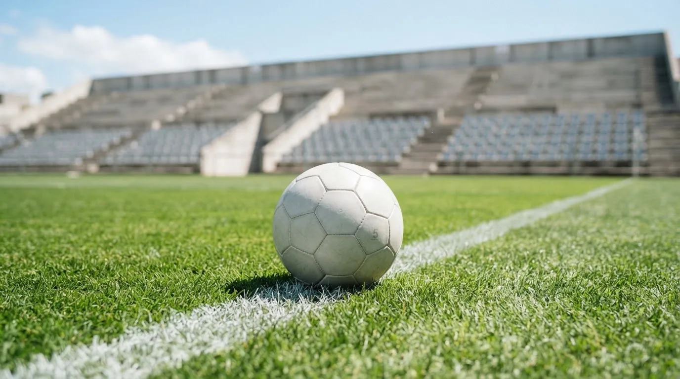 Ein Fußball liegt am Spielfeldrand eines Rasenplatzes, im Hintergrund eine leere Tribüne unter hellem Himmel.