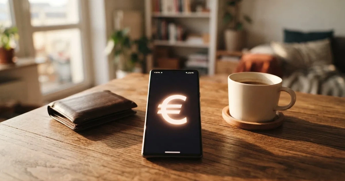 Ein Smartphone mit dunklem Bildschirm liegt auf einem Holztisch neben einem Portemonnaie und einer Kaffeetasse im Fensterlicht.