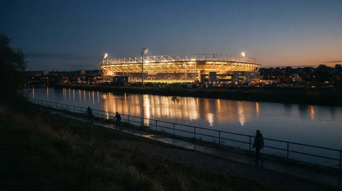 Ein Stadion unter Flutlicht aus der Ferne gesehen, im Vordergrund ein ruhiger Fluss und ein Fußweg.
