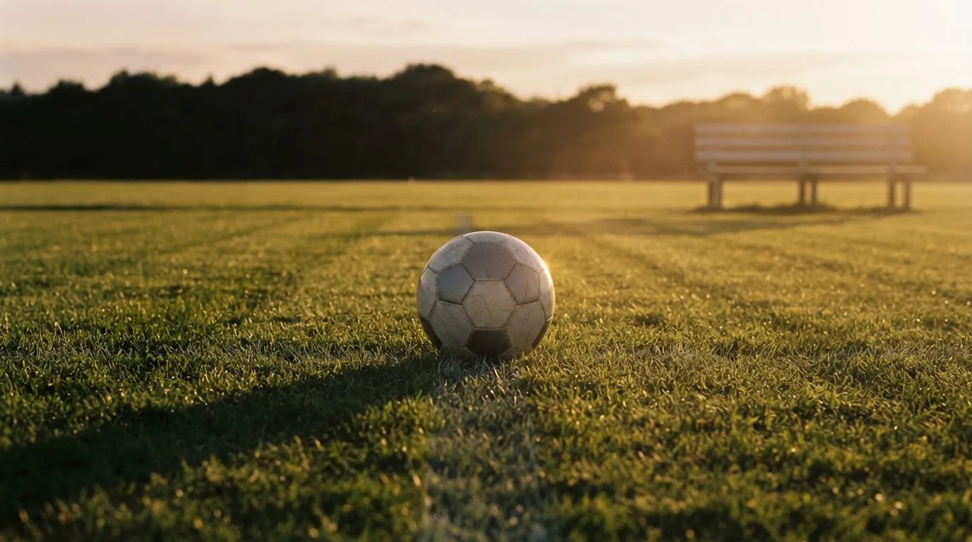 Ein Fußball auf einem Rasenplatz im Gegenlicht der tiefstehenden Sonne, am Rand eine leere Ersatzbank.
