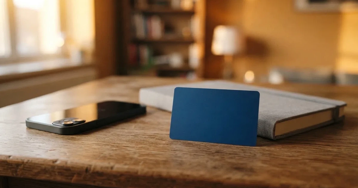 Eine Plastikkarte ohne Aufdruck liegt auf einem Holztisch neben einem Smartphone mit dunklem Bildschirm und einem Notizbuch.
