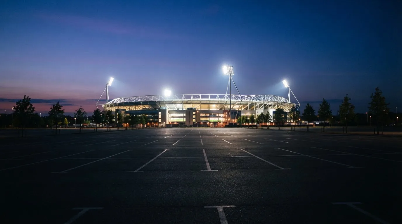 Ein Stadion unter Flutlicht aus der Ferne gesehen, davor ein leerer Parkplatz in der Dämmerung.