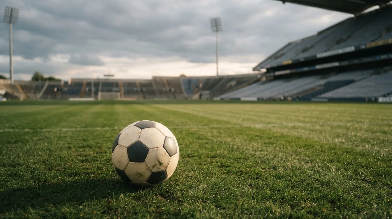 Ein Fußball auf einem Rasen, im Hintergrund ein leeres Stadion bei bewölktem Himmel.