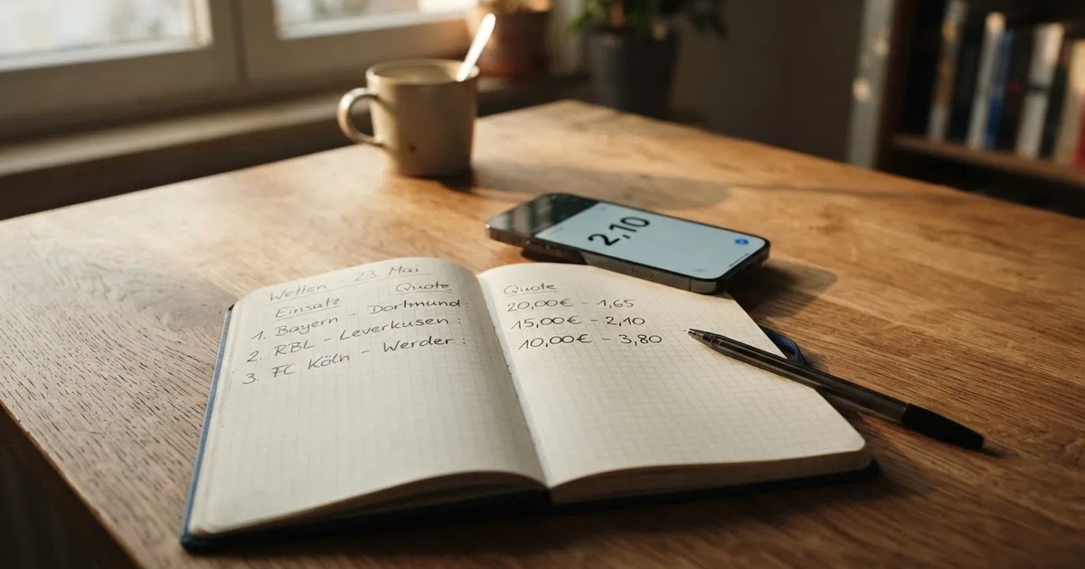 Ein Taschenrechner, ein Stift und ein Smartphone mit dunklem Bildschirm liegen auf einem Küchentisch im Morgenlicht.