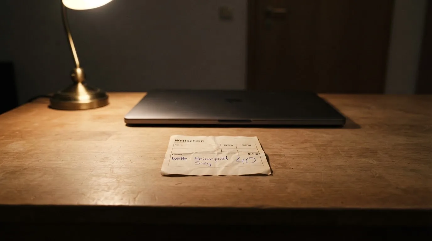 Ein Schreibtisch mit Lampe und geschlossenem Laptop in einem ruhigen Büro bei Abendlicht.