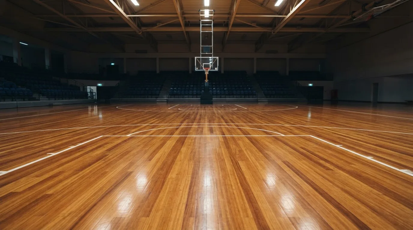 Ein Basketballfeld in einer leeren Halle, das Parkett spiegelt das Deckenlicht.