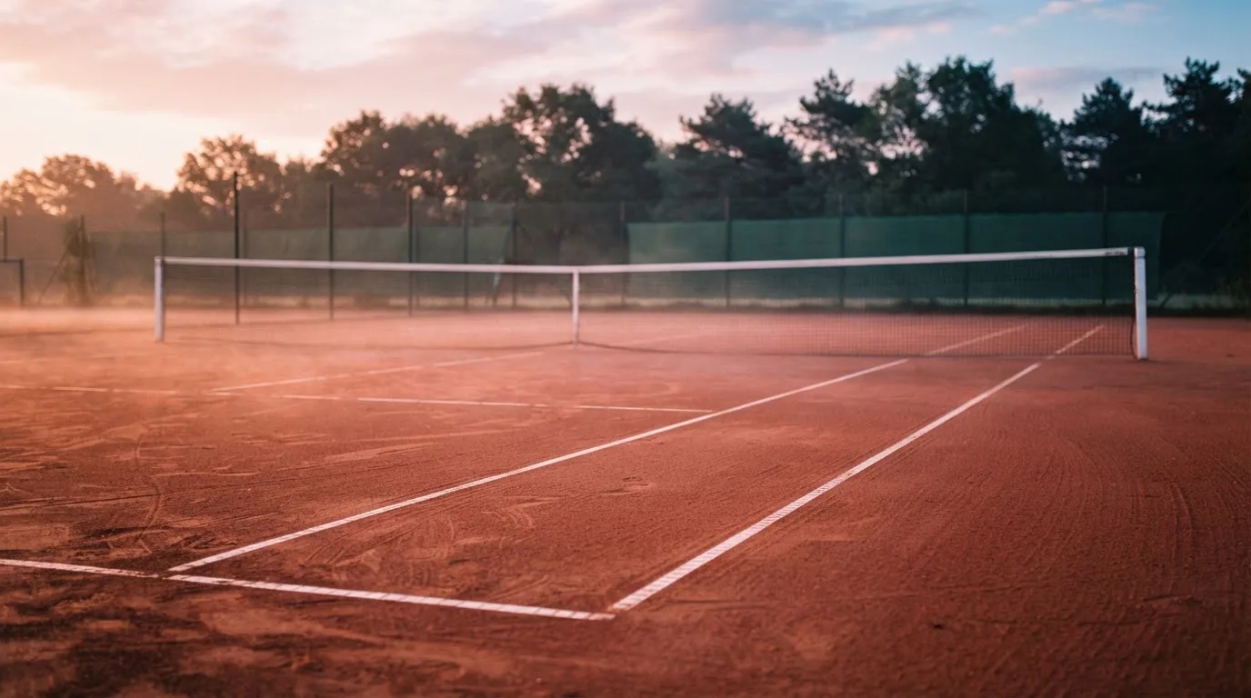 Ein Tennisplatz bei Sonnenaufgang, Netz und Linien im Streiflicht, ohne Menschen.
