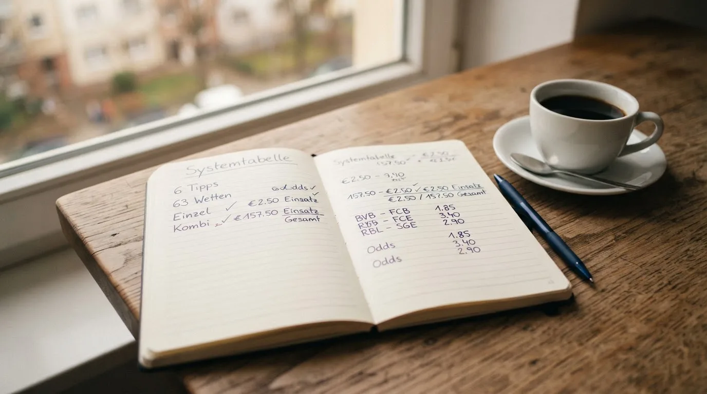 Ein aufgeschlagenes leeres Notizbuch mit Kugelschreiber neben einer Tasse Kaffee auf einem Tisch am Fenster.