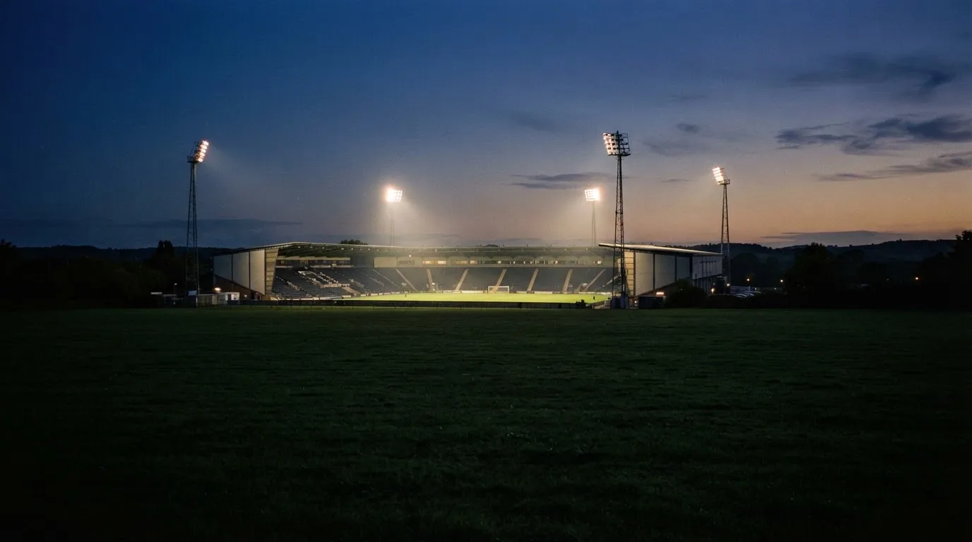 Ein Stadion unter Flutlicht aus der Ferne gesehen, im Vordergrund ein leeres Feld in der Dämmerung.