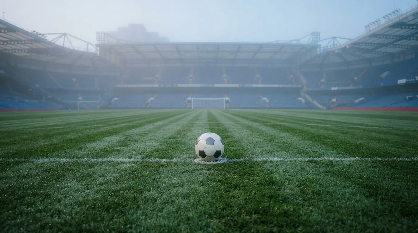 Ein Fußball liegt auf dem Anstoßpunkt eines leeren Rasenplatzes, im Hintergrund hängt Morgendunst über den Tribünen.