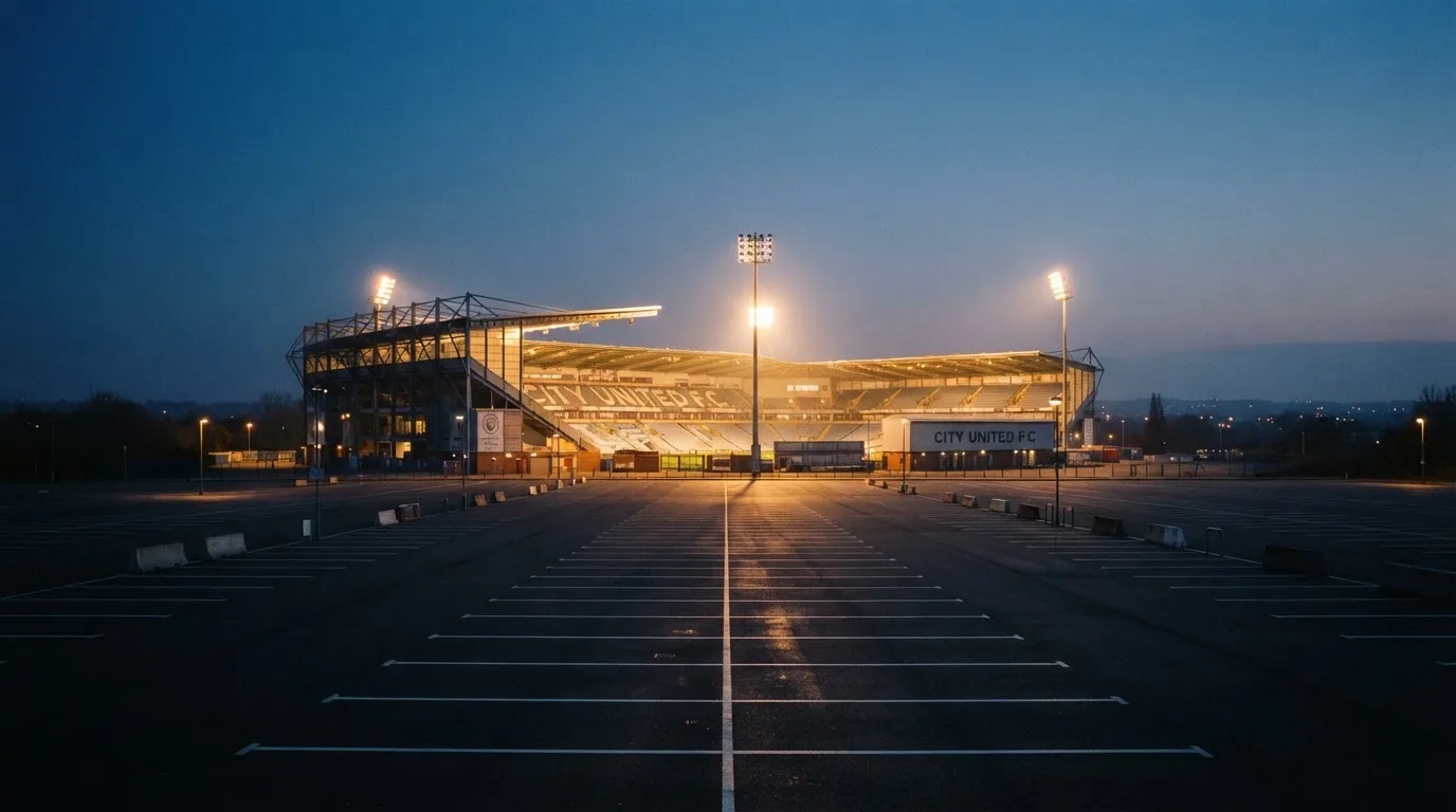 Ein Fußballstadion unter Flutlicht, aus großer Entfernung bei Einbruch der Dunkelheit gesehen, davor ein leerer Parkplatz.