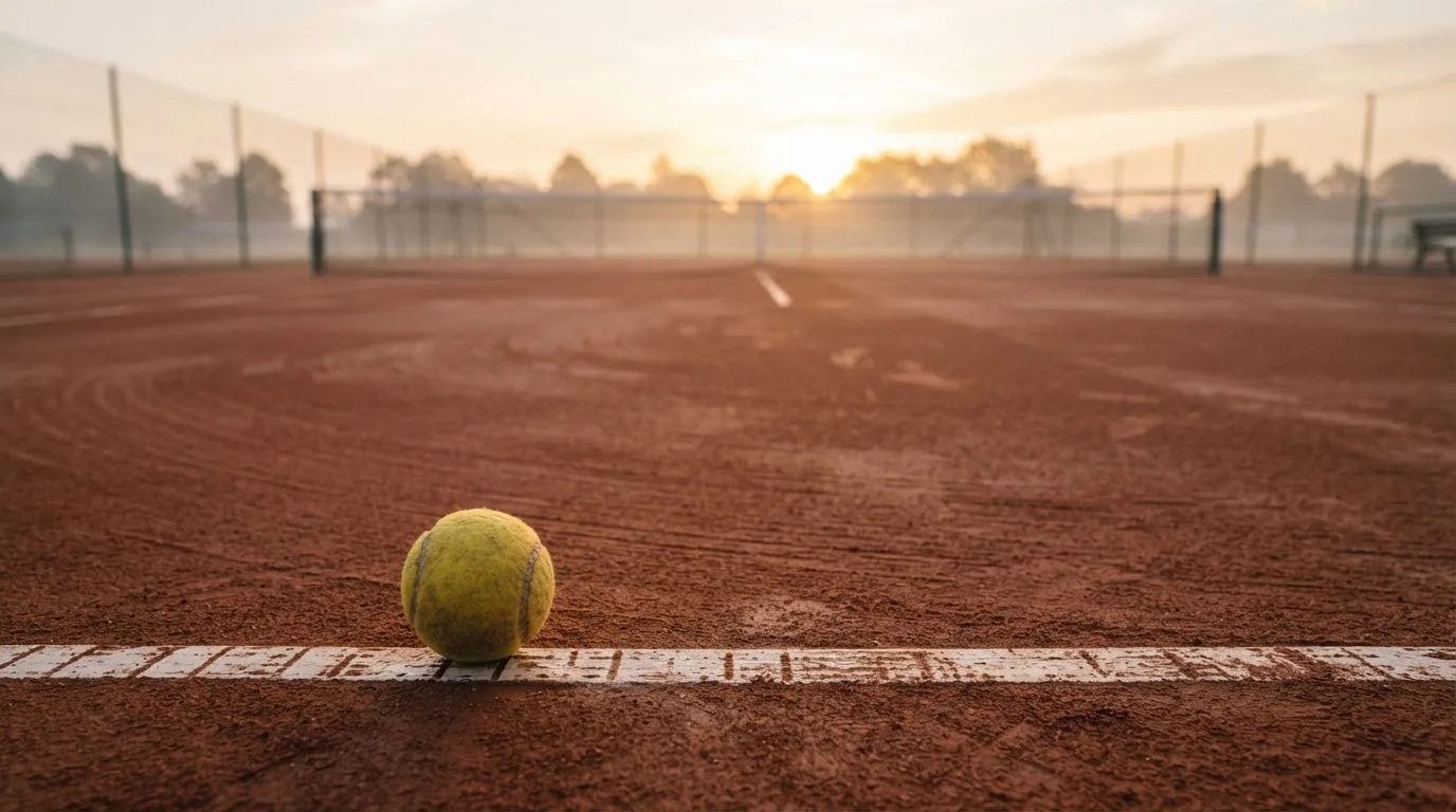 Ein Tennisplatz bei Sonnenaufgang, die Linien noch taufeucht, ein einzelner Ball liegt an der Grundlinie.