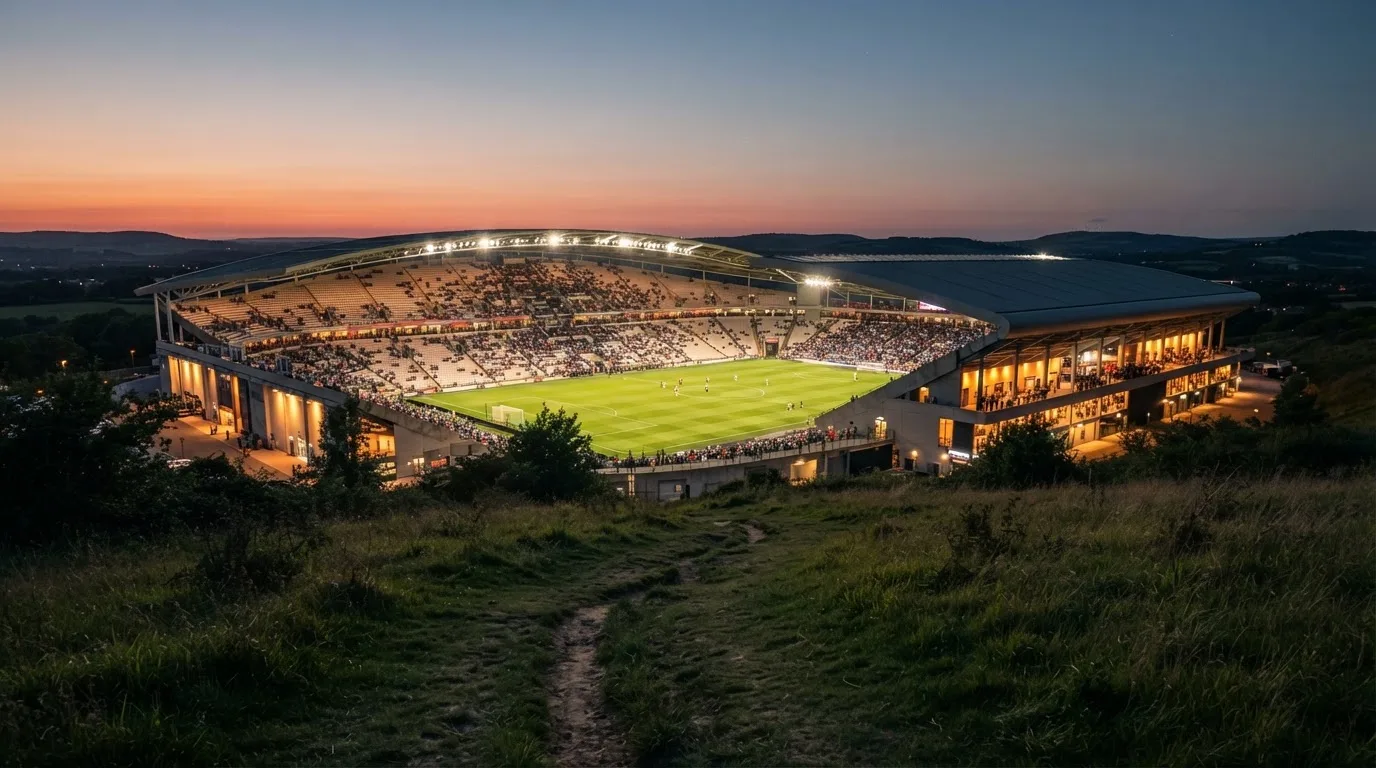 Ein leeres Stadion mit hell erleuchteten Rängen in der Abenddämmerung, von einem Hügel aus fotografiert.