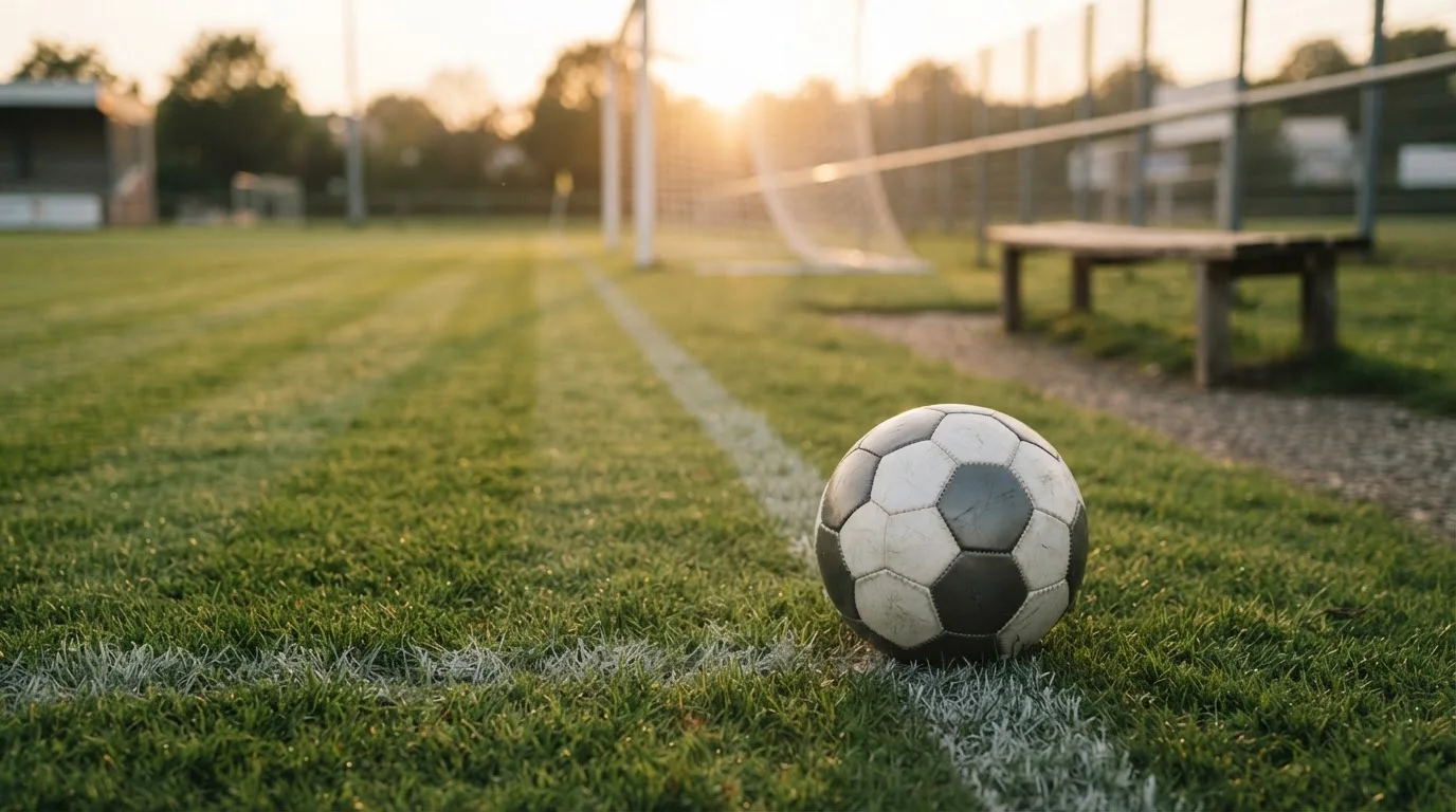 Ein Fußball liegt im Gras am Spielfeldrand, dahinter eine leere Bank und ein Tor im Gegenlicht.