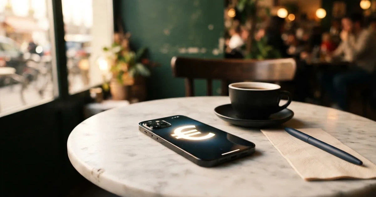 Ein Smartphone liegt mit dunklem Display auf einem Café-Tisch neben einer Tasse Kaffee und einem Kugelschreiber.