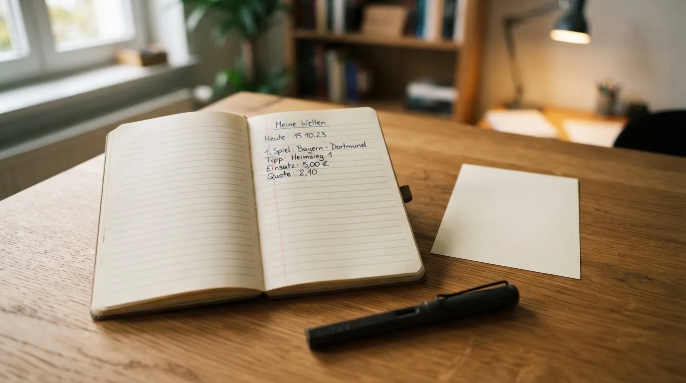 Ein Notizbuch mit handschriftlichen Notizen liegt aufgeschlagen neben einem leeren Papier-Wettschein auf einem Holztisch.
