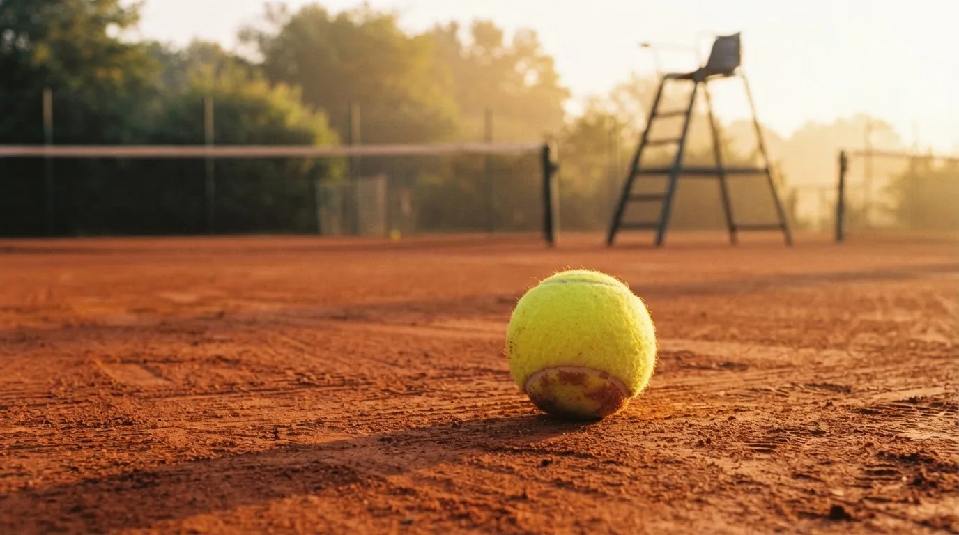 Ein Tennisball liegt auf einem roten Sandplatz bei Sonnenaufgang, im Hintergrund ein leerer Schiedsrichterstuhl.