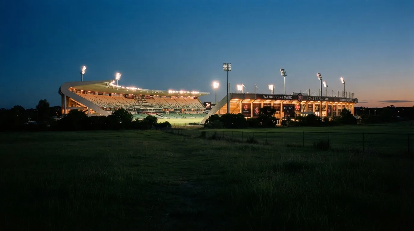 Ein Stadion unter Flutlicht aus der Ferne, davor ein stilles Feld im Dämmerlicht.