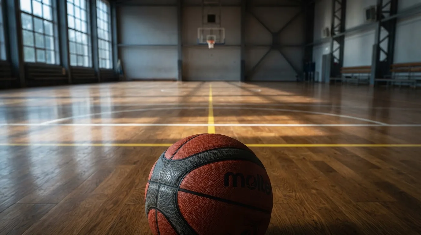 Ein Basketball liegt auf dem Parkett einer leeren Halle, Licht fällt durch hohe Fenster.