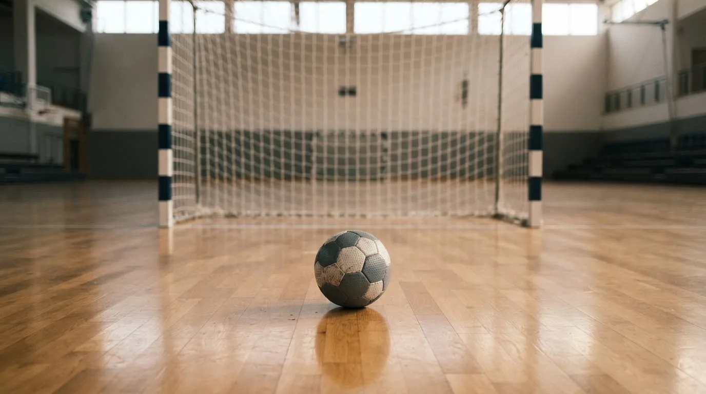 Ein Handball liegt in einer leeren Halle auf dem Boden vor dem Tor.