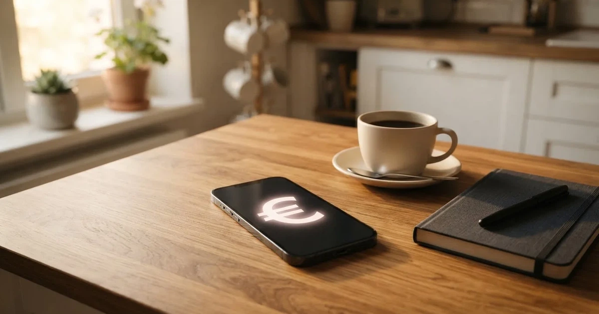 Ein Smartphone mit dunklem Display liegt neben einer Kaffeetasse und einem Notizbuch auf einem Küchentisch.